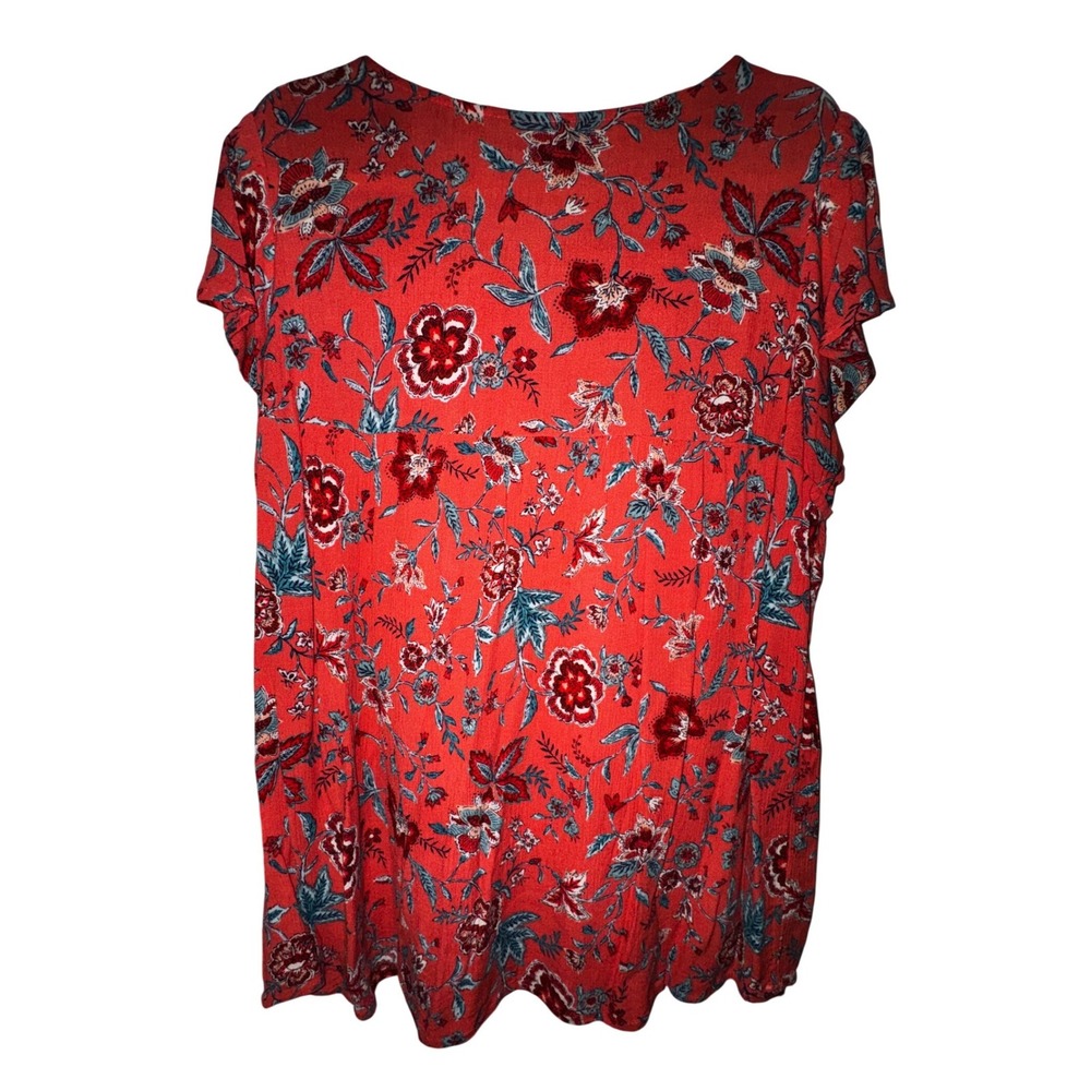 Red Floral Tassel‎ Tie Neck Short Sleeve Blouse Top Plus Size XXL Boho Hippie - Picture 2 of 6